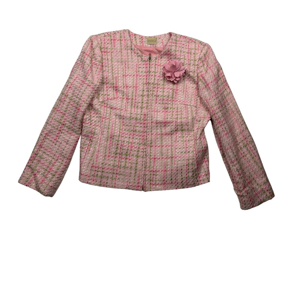 Michele Pink Tweed Boucle Jacket Size 14/16 Flower Brooch Zip Front